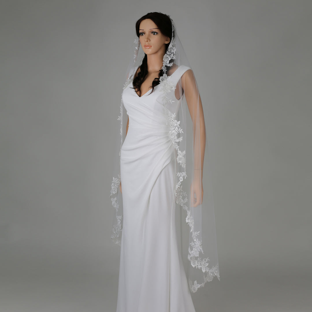 FS6305-M mid-length bridal veil with floral lace embroidery, full-length view.