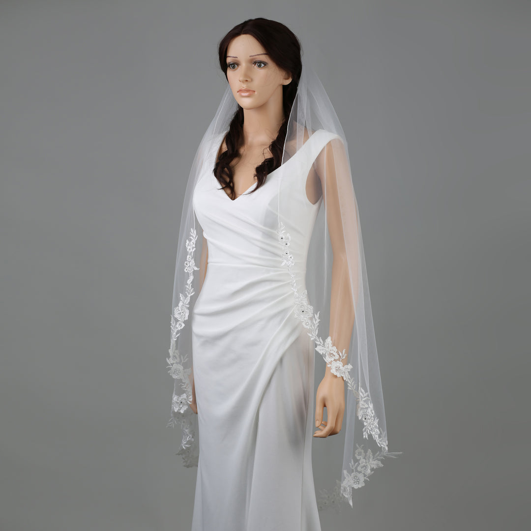 Side view of FS6305 showcasing scalloped edges and elegant drape.