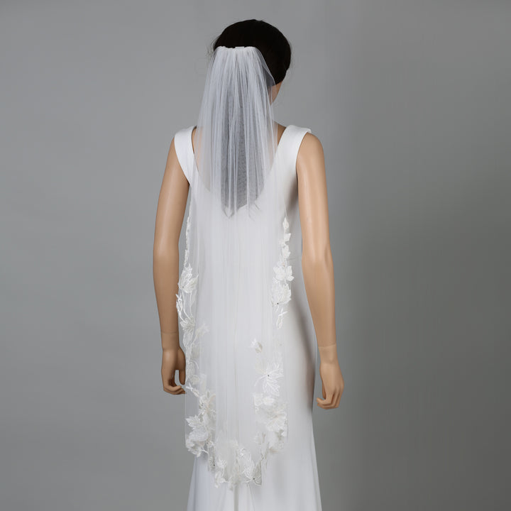 FS6314 bridal veil styled on mannequin, highlighting chapel-length design.