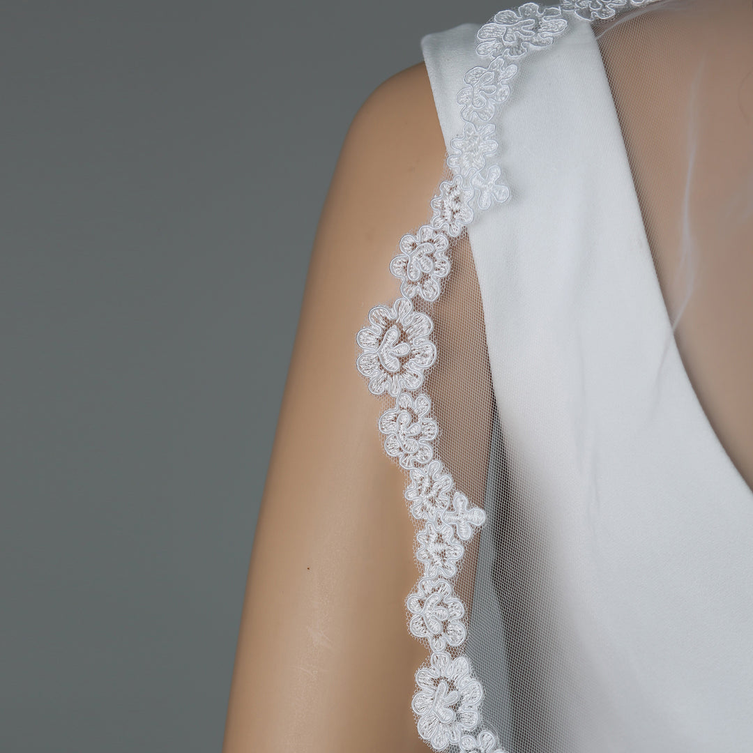 FS6316-M mid-length bridal veil with floral lace embroidery, full view.