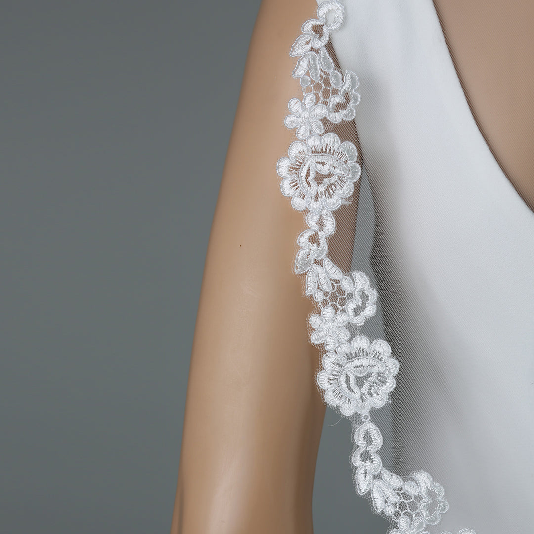 FS6317-M mid-length floral embroidered bridal veil, full-length view.