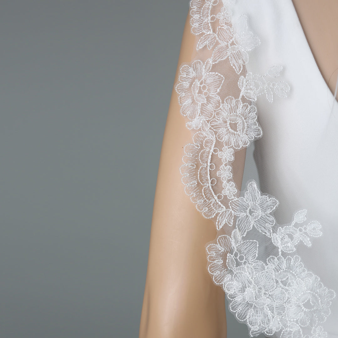 FS6320-M mid-length floral embroidered lace bridal veil, full-length view.