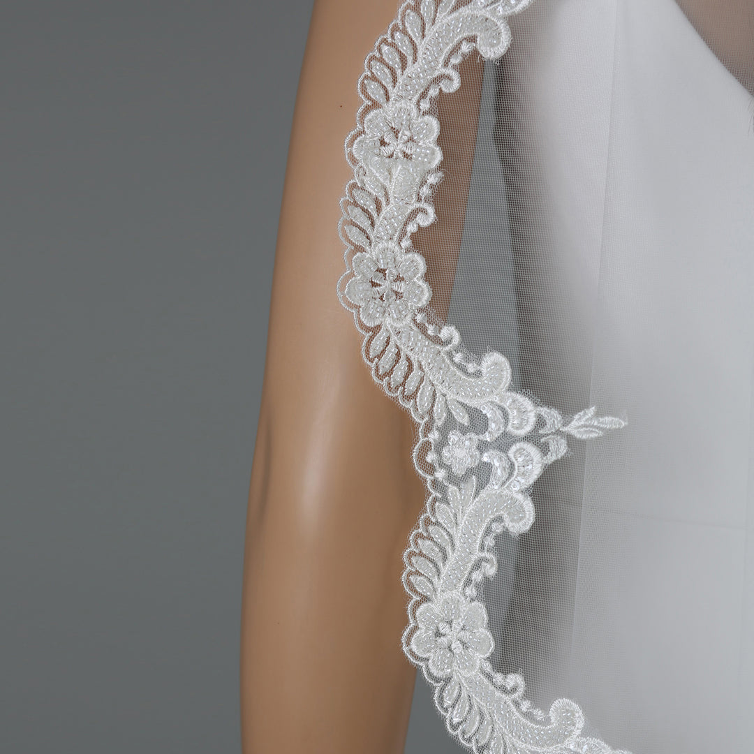 FS6224 cathedral-length bridal veil with floral lace embroidery, full view.