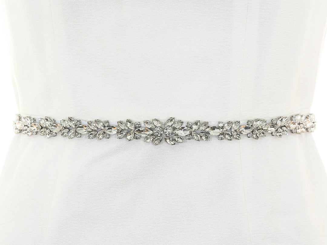 S1004 bridal sash with floral embroidery and bead accents, full view.