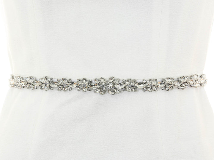 S1004 bridal sash with floral embroidery and bead accents, full view.