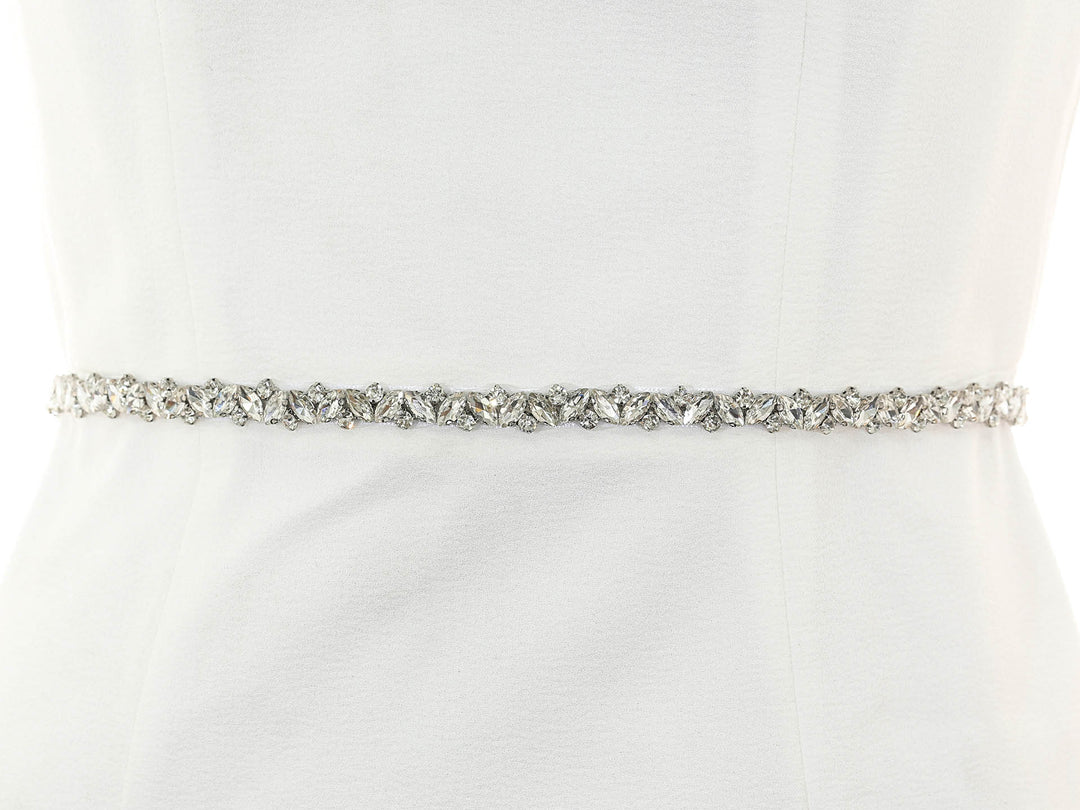 S1012 bridal sash with intricate floral embroidery and rhinestone accents, full view.