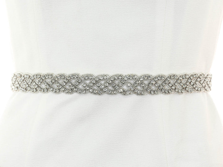 S1013 bridal sash with intricate bead and lace embroidery, full view.